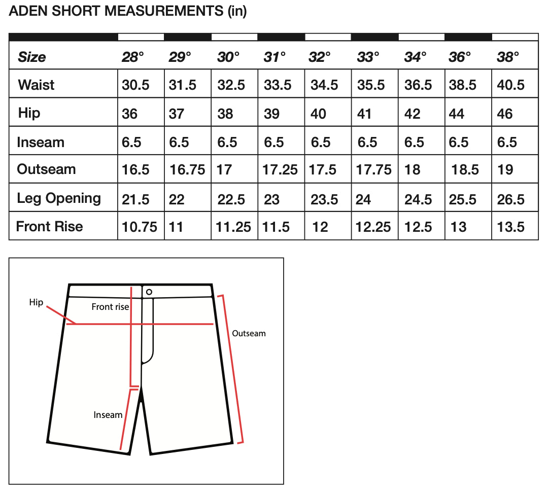 Measurement chart for ADEN shorts with size chart and diagram.