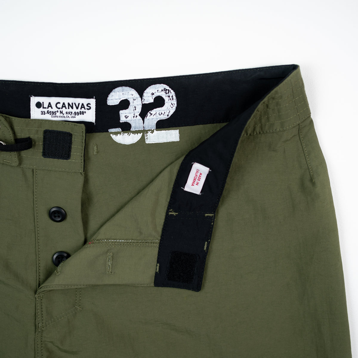 ola canvas og boardshort made in california detail