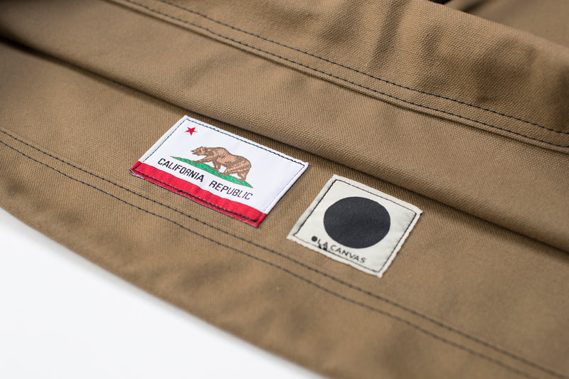 ola canvas shortboard board bag khaki brown california flag patch. made in california 